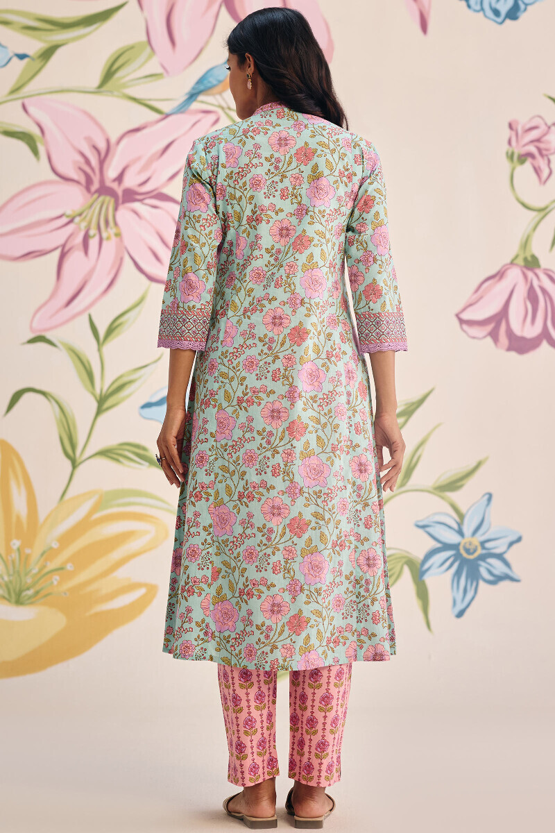 Blue Hand Printed Angrakha Cotton Kurta