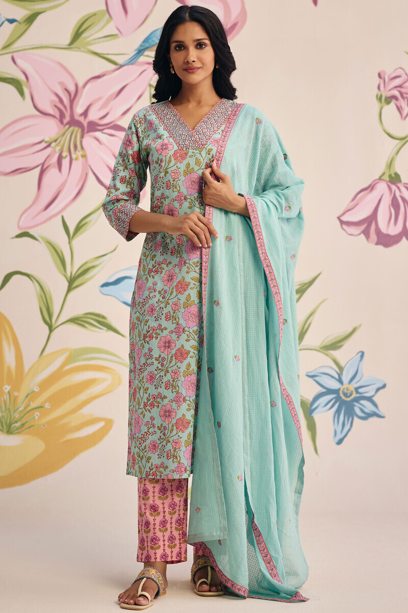 Blue Hand Printed Straight Cotton Kurta