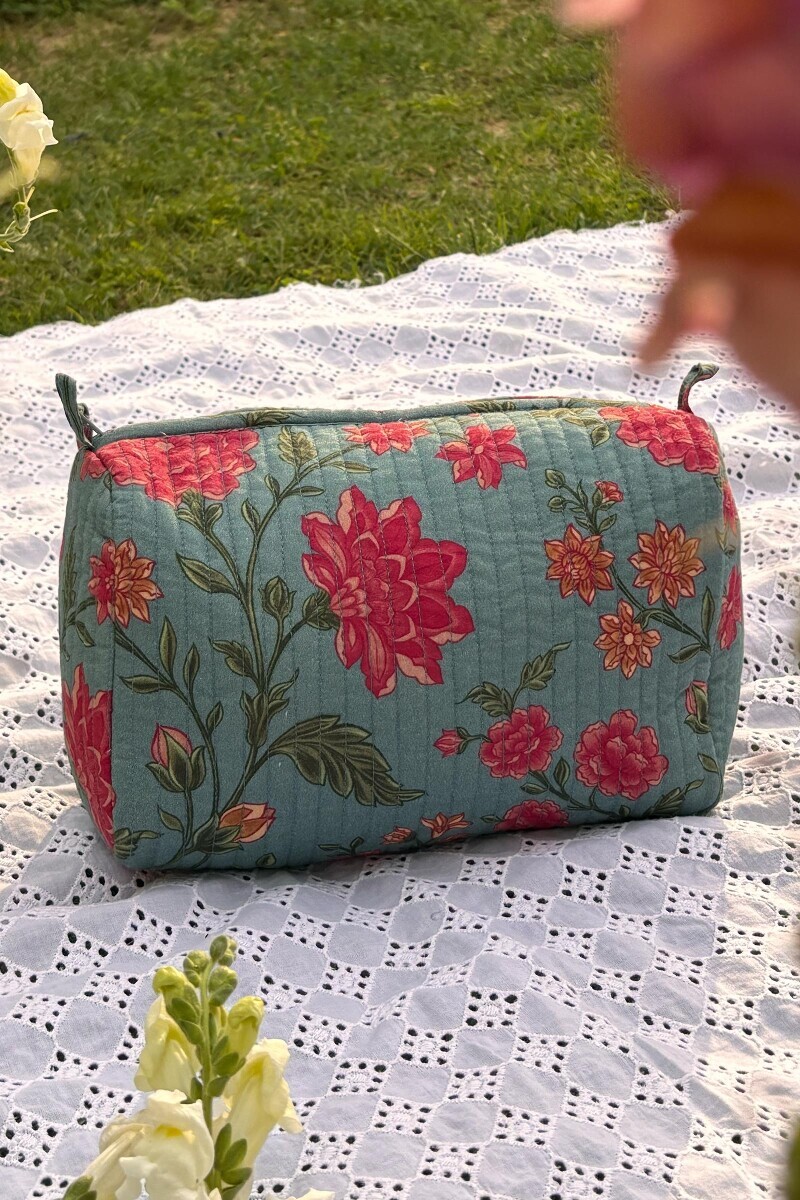 Blue Printed Cotton Toiletry Pouch