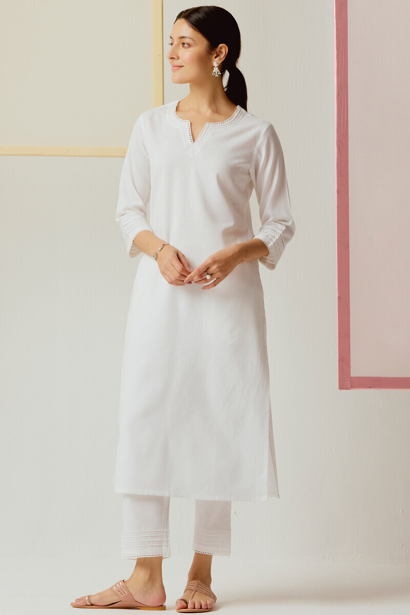 White Handcrafted Straight Cotton Flax Kurta