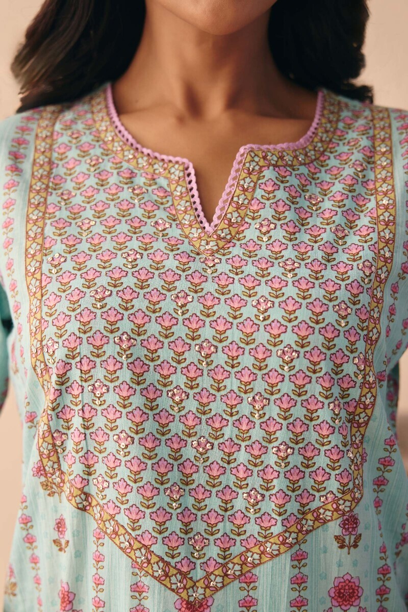 Blue Hand Printed Straight Cotton Kurta