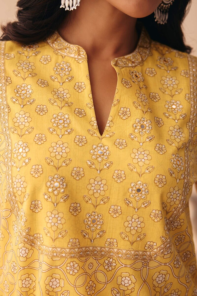 Yellow Hand Printed Straight Cotton Kurta