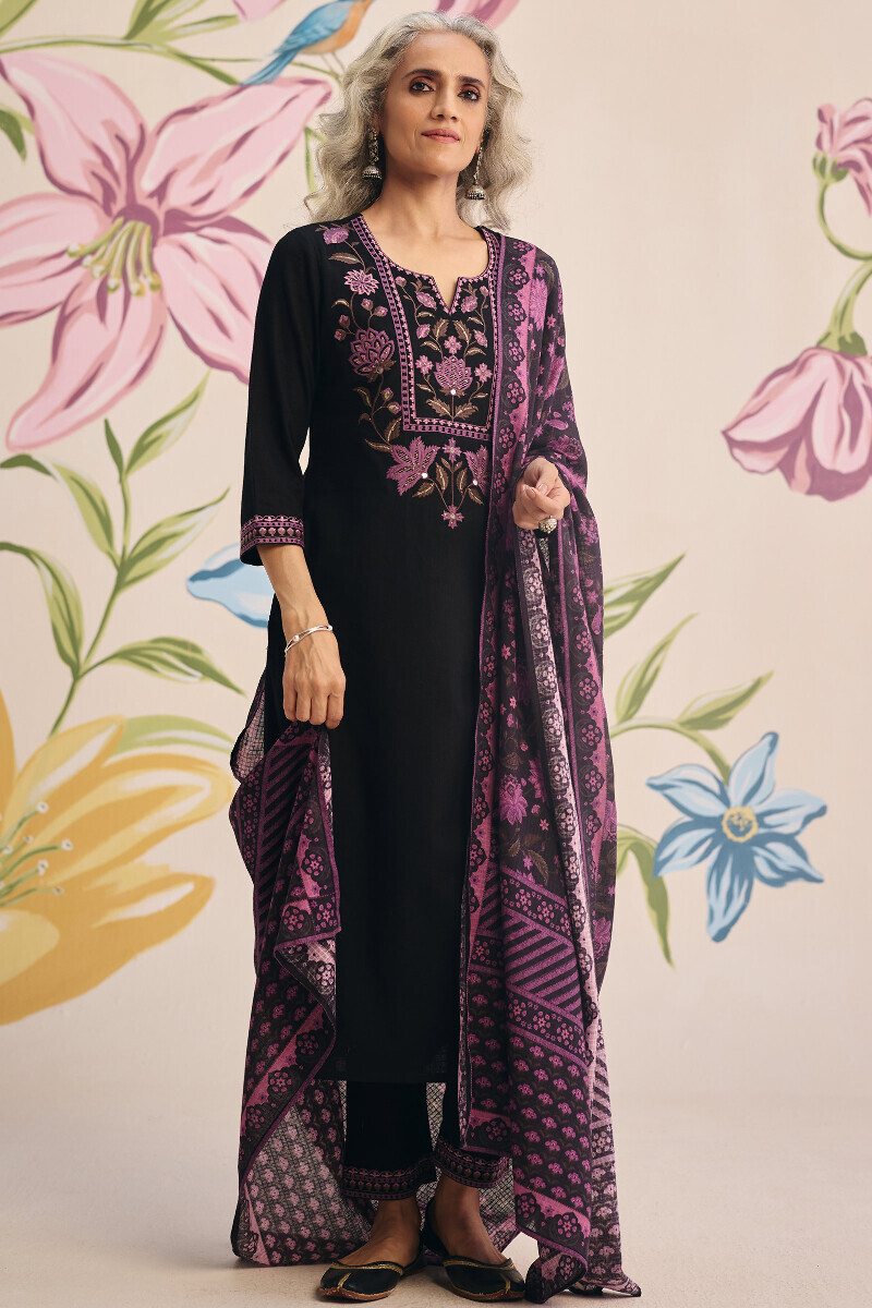 Black Handcrafted Straight Gauze Slub Kurta