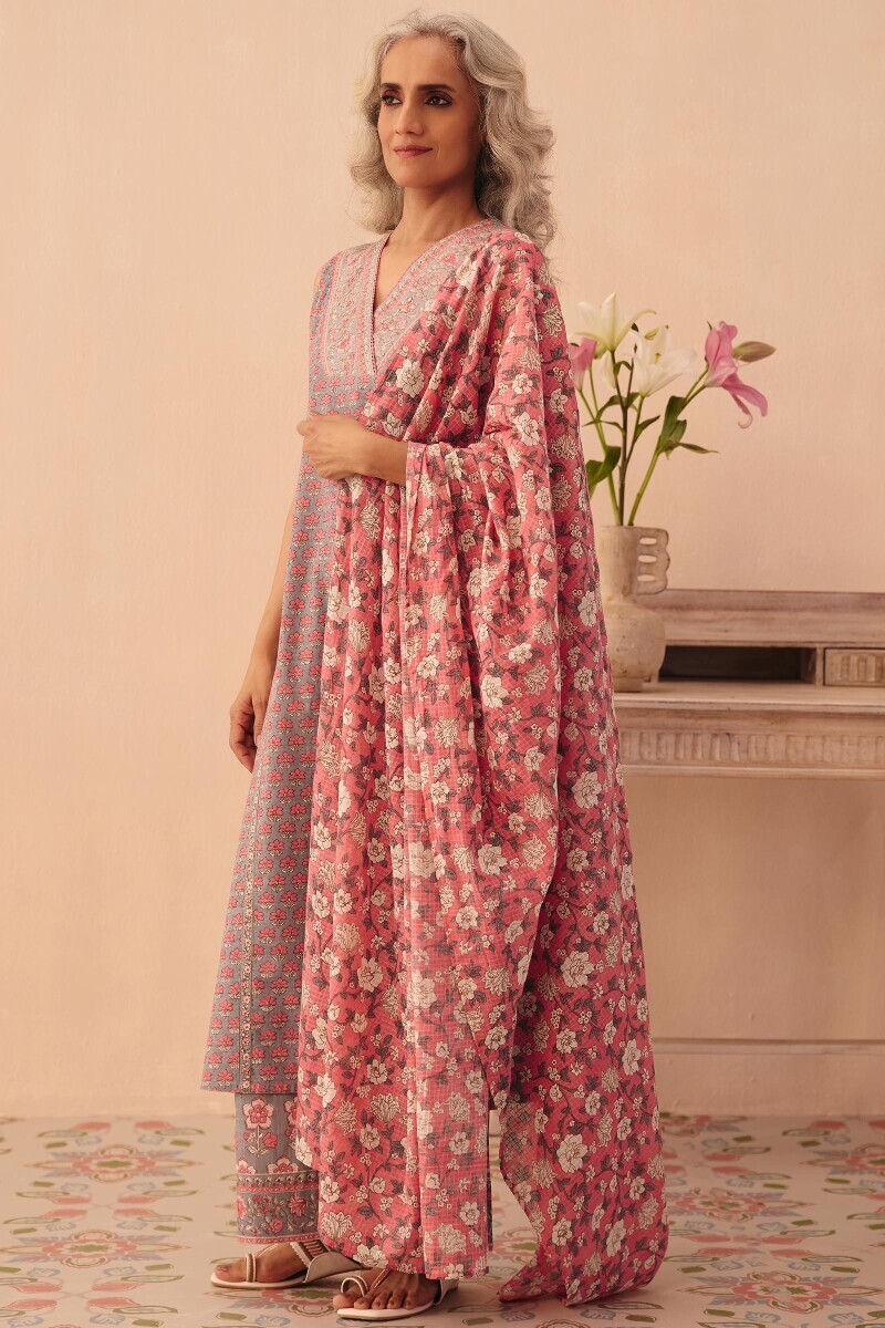 Grey Hand Printed Straight Cotton Slub Kurta