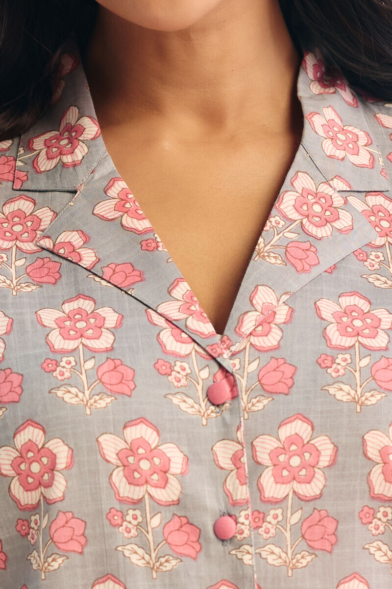 Grey Hand Printed Cotton Slub Loungewear Set