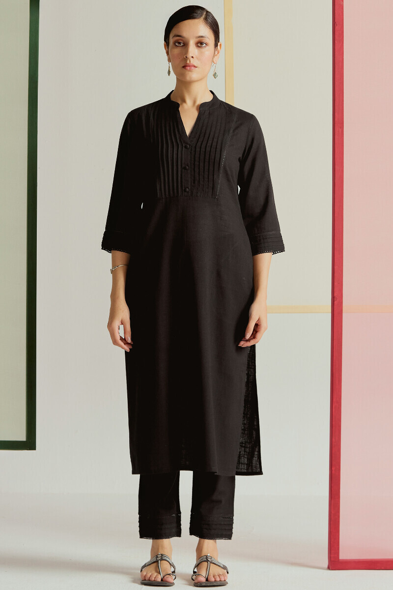 Black Handcrafted Straight Gauze Slub Kurta