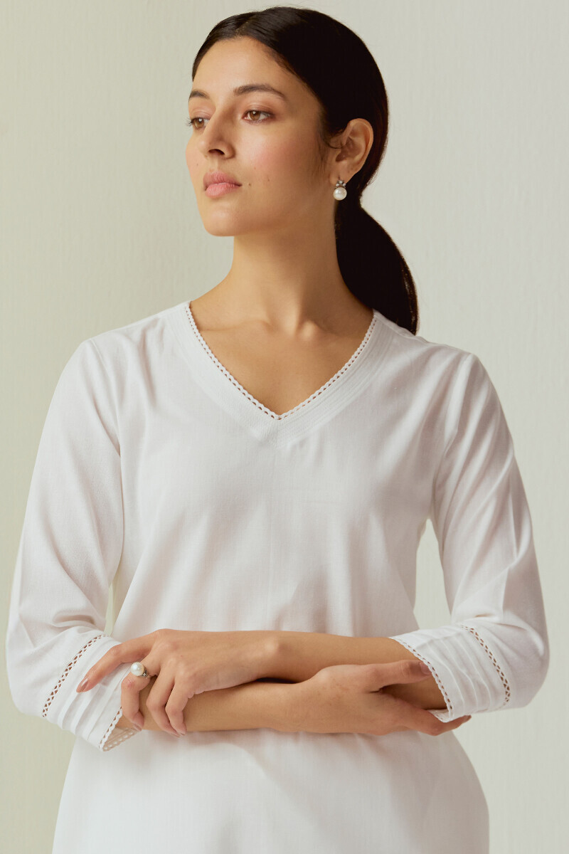White Handcrafted Straight Cotton Flax Kurta