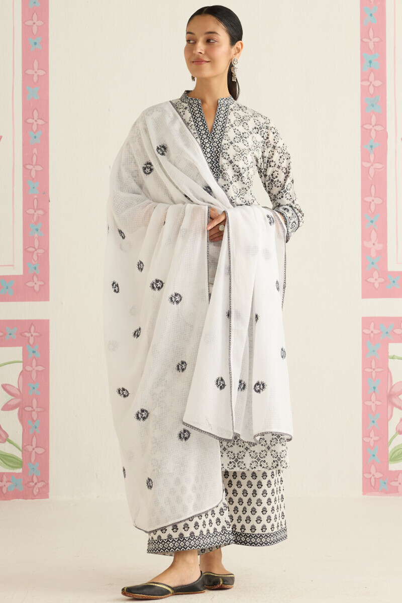 White Hand Printed Straight Cotton Dobby Kurta