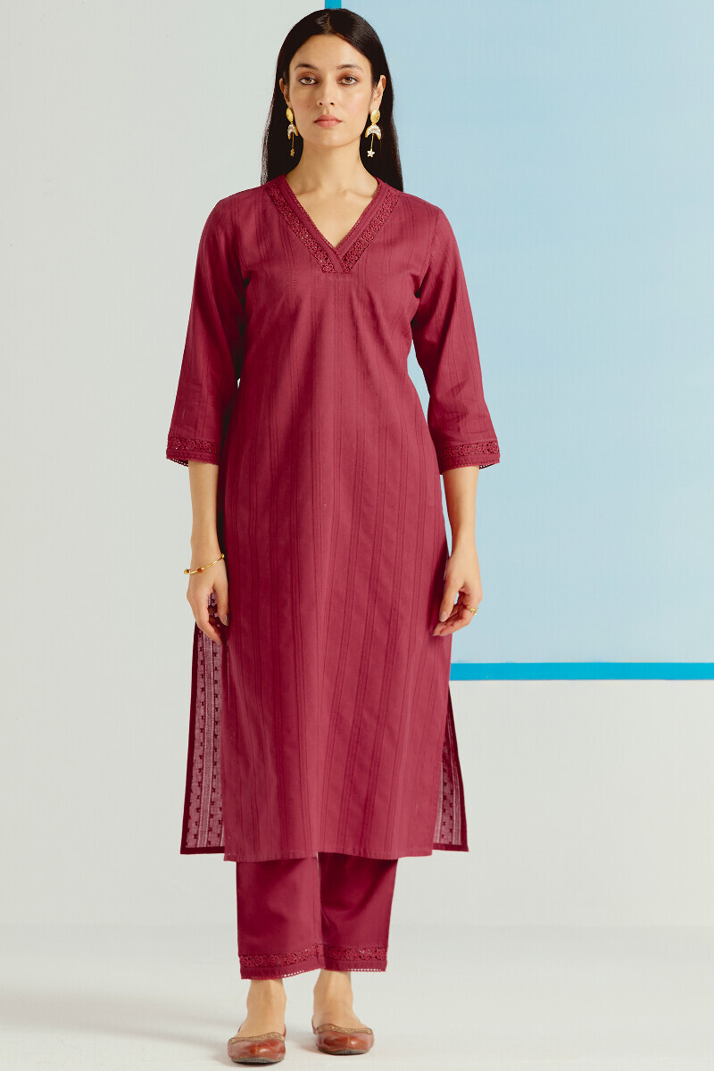 Red Handcrafted Straight Cotton Dobby Kurta
