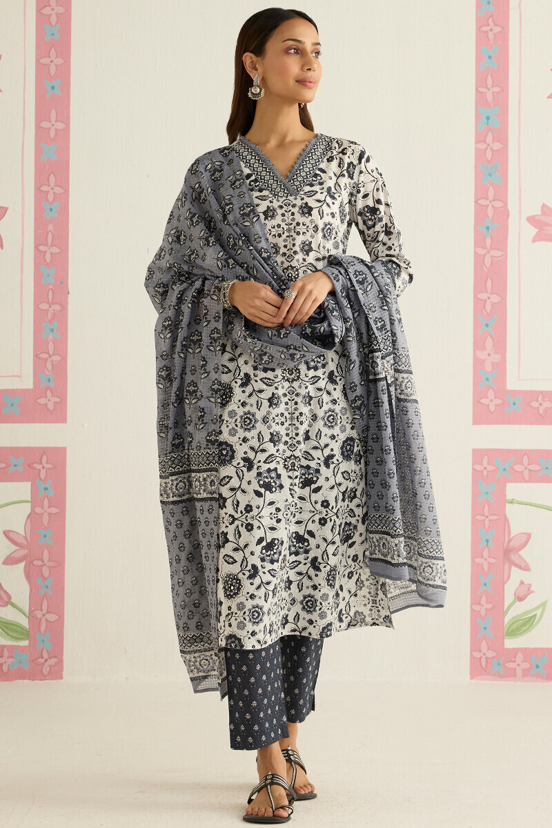 Grey Hand Printed Kota Dupatta