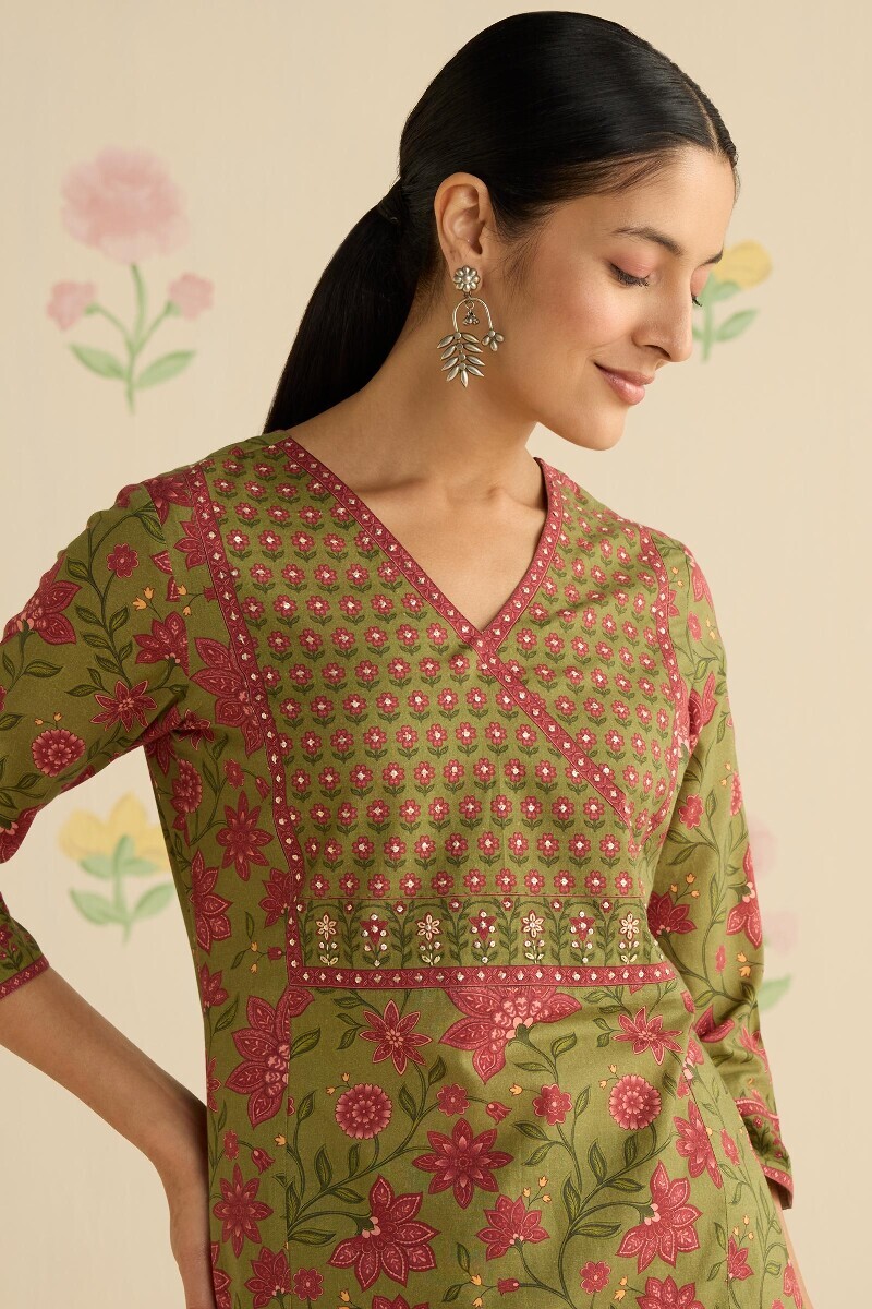 Green Printed Straight Cotton Kurta