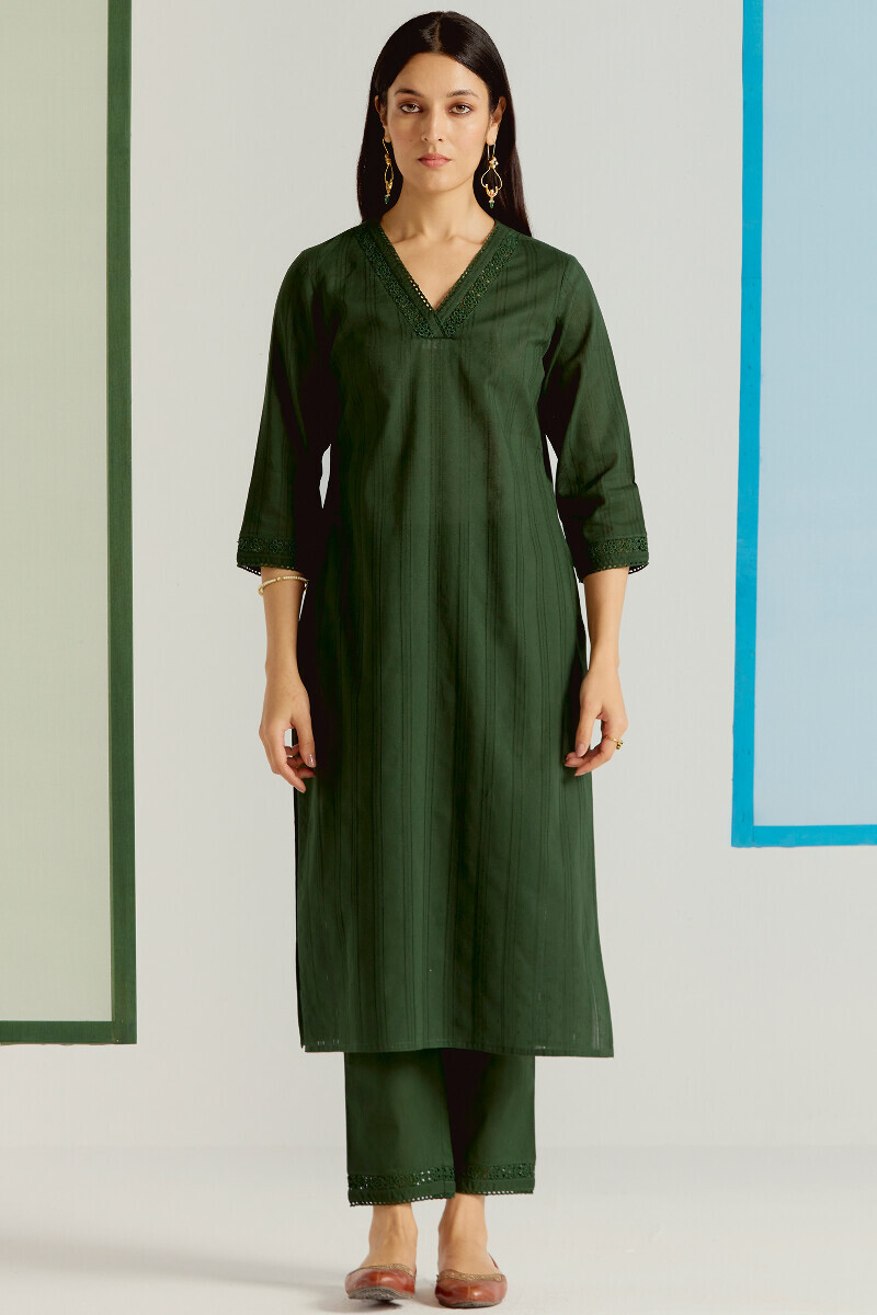 Green Handcrafted Straight Cotton Dobby Kurta
