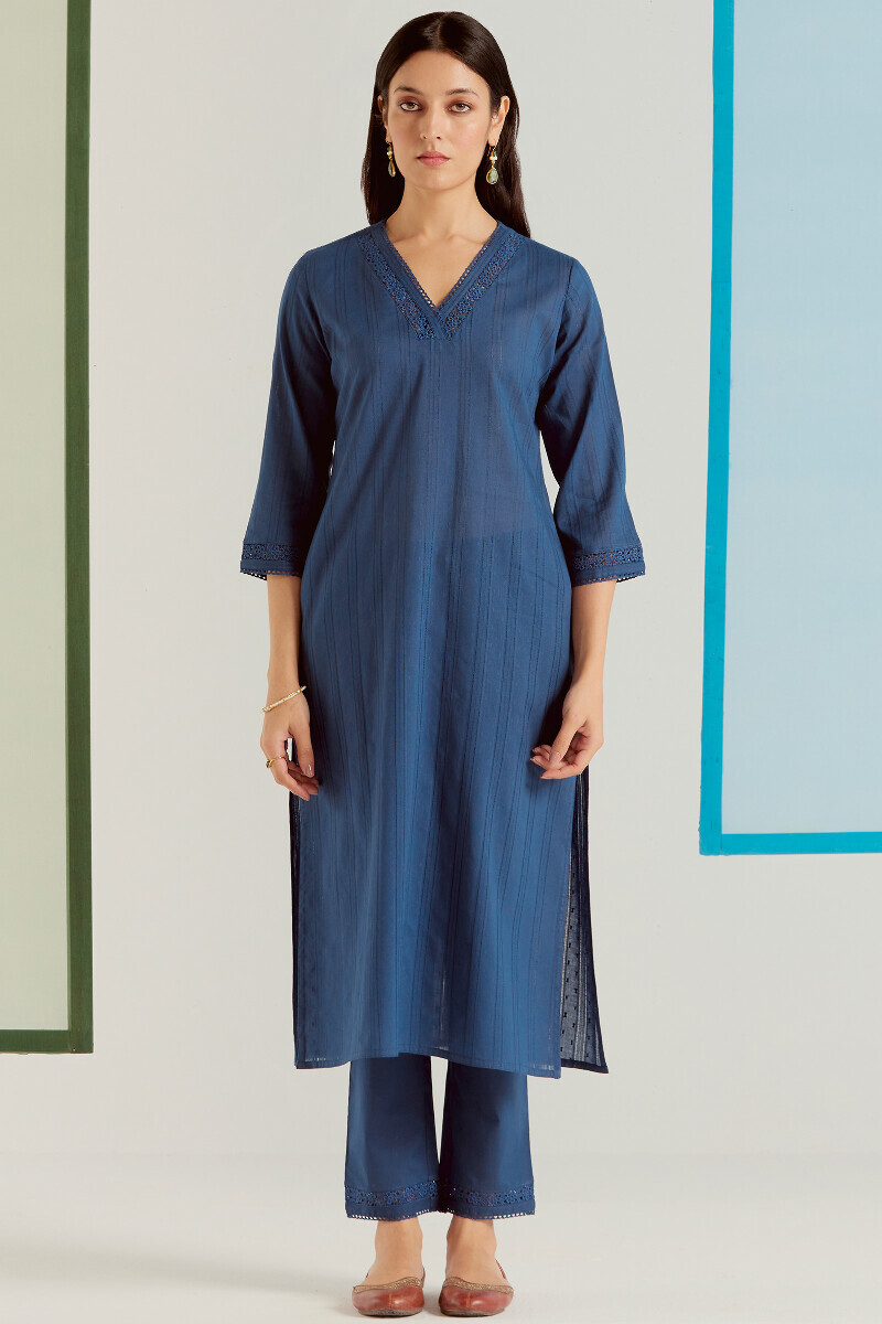 Blue Handcrafted Straight Cotton Dobby Kurta