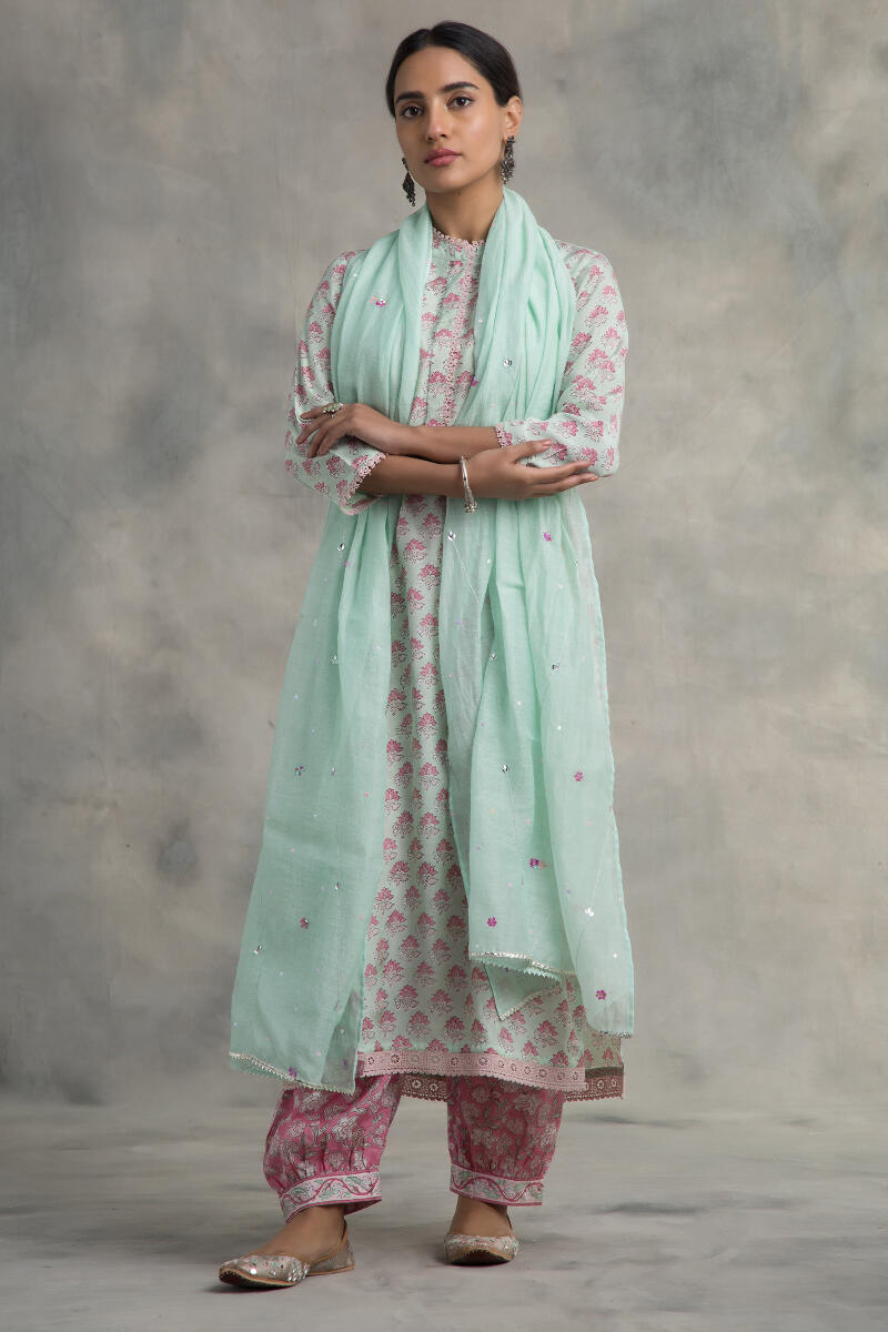 Green Block Printed Straight Muslin Kurta