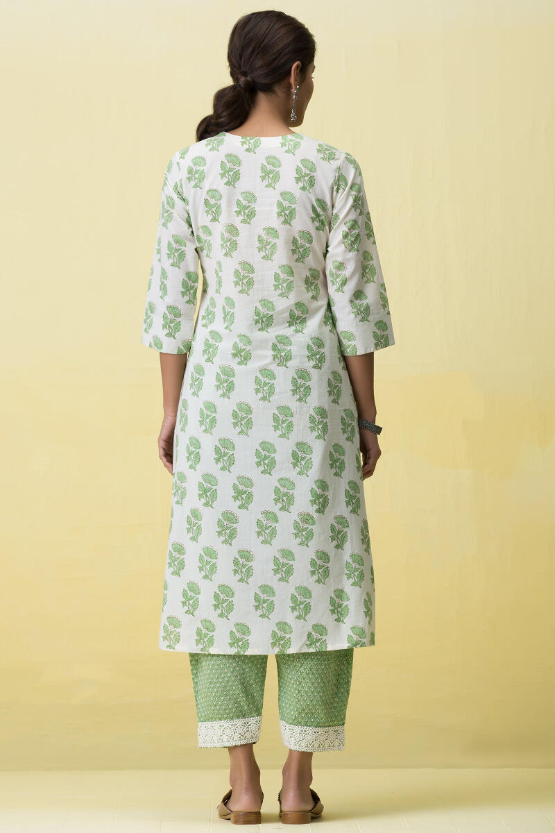 Green Block Printed A-Line Cotton Kurta