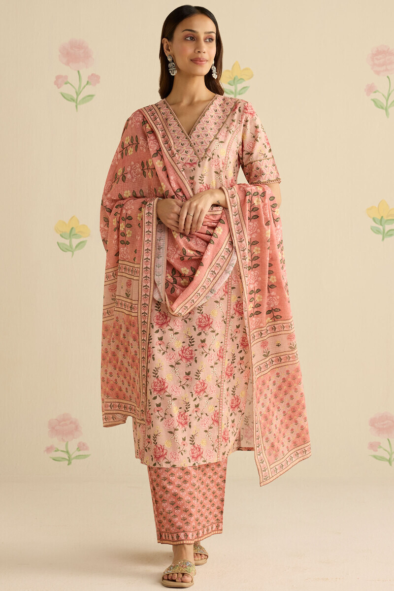 Peach Printed Straight Cotton Kurta