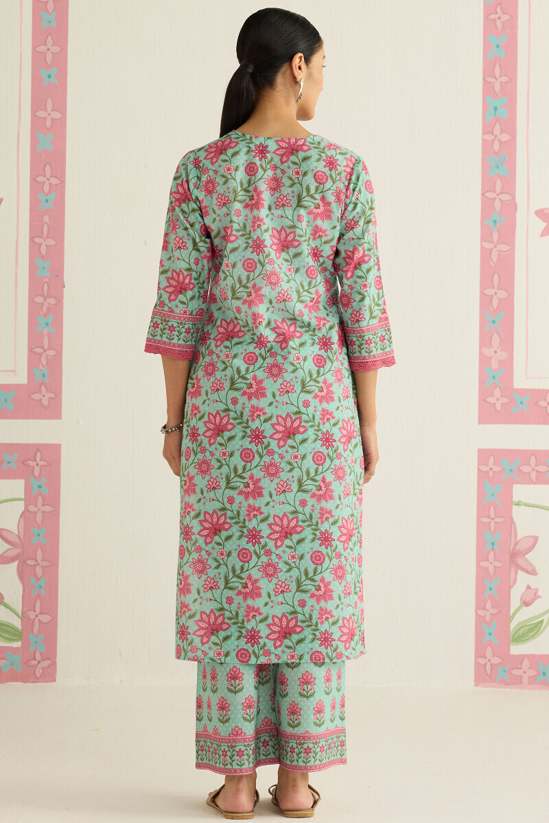 Blue Printed Straight Cotton Kurta