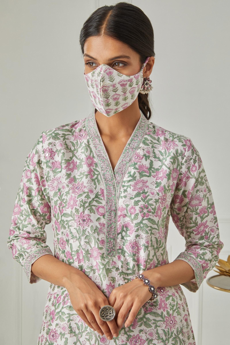 Off-White Block Printed Straight Chanderi Kurta