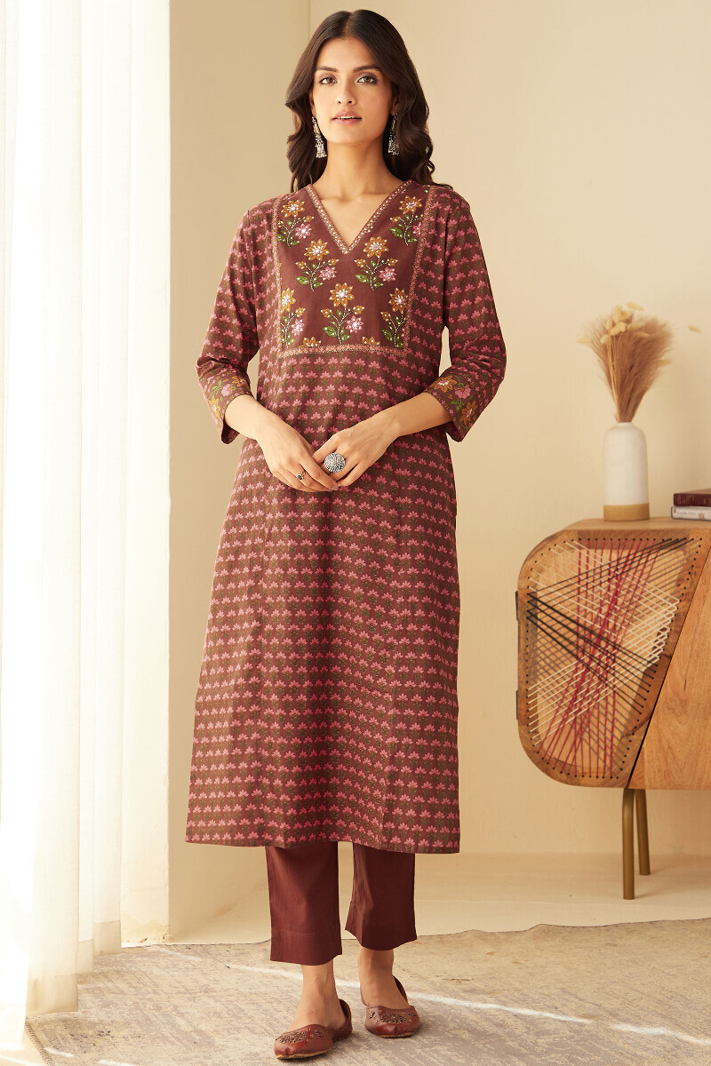 Brown Hand Printed Straight Cotton Kurta