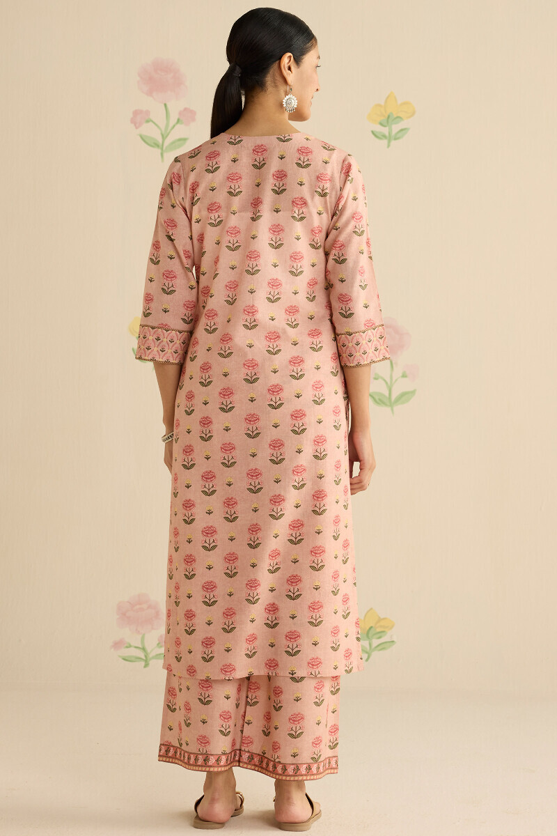 Peach Printed Straight Cotton Kurta