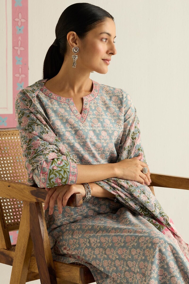 Grey Hand Block Printed Straight Cotton Kurta