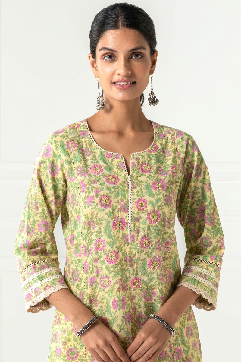 Yellow Block Printed Straight Cotton Kurta