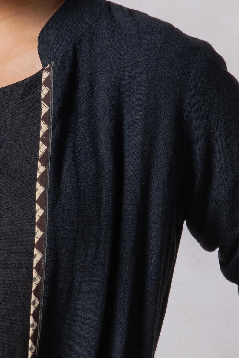 Black Block Printed Handloom Reversible Jacket