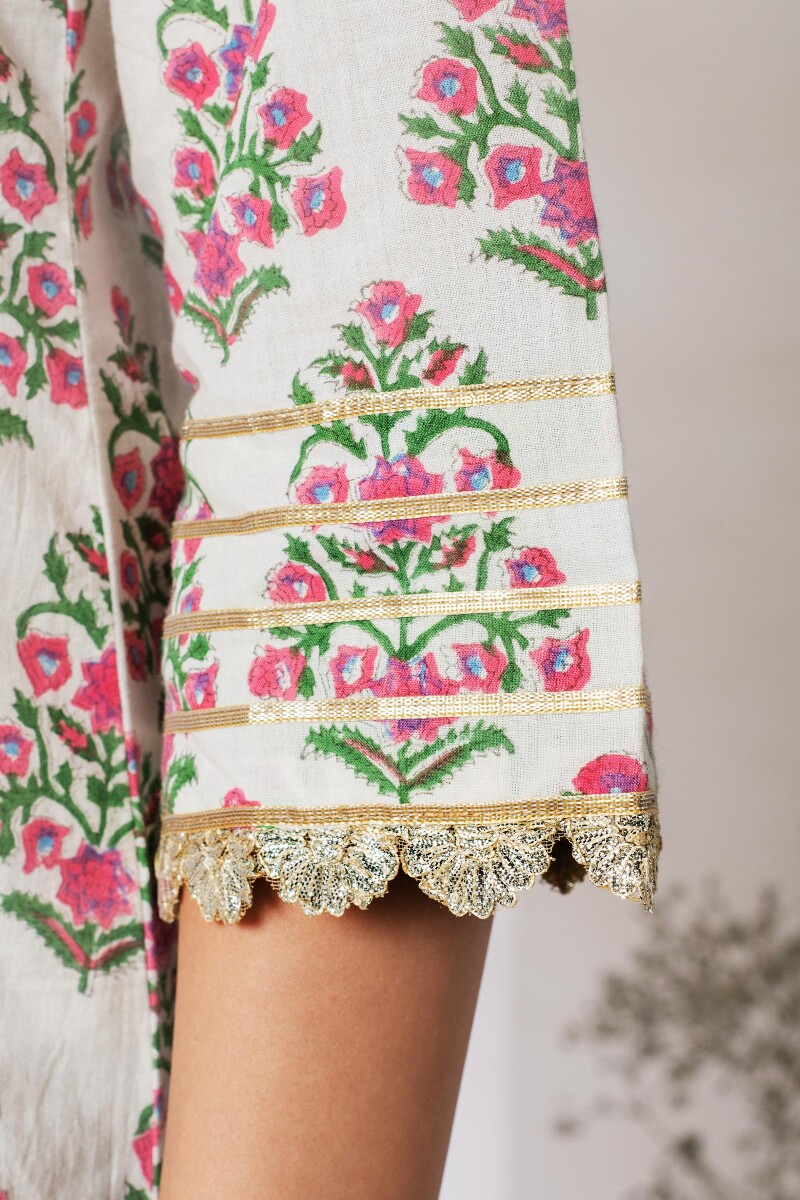 Off-White Block Printed Straight Cotton Kurta