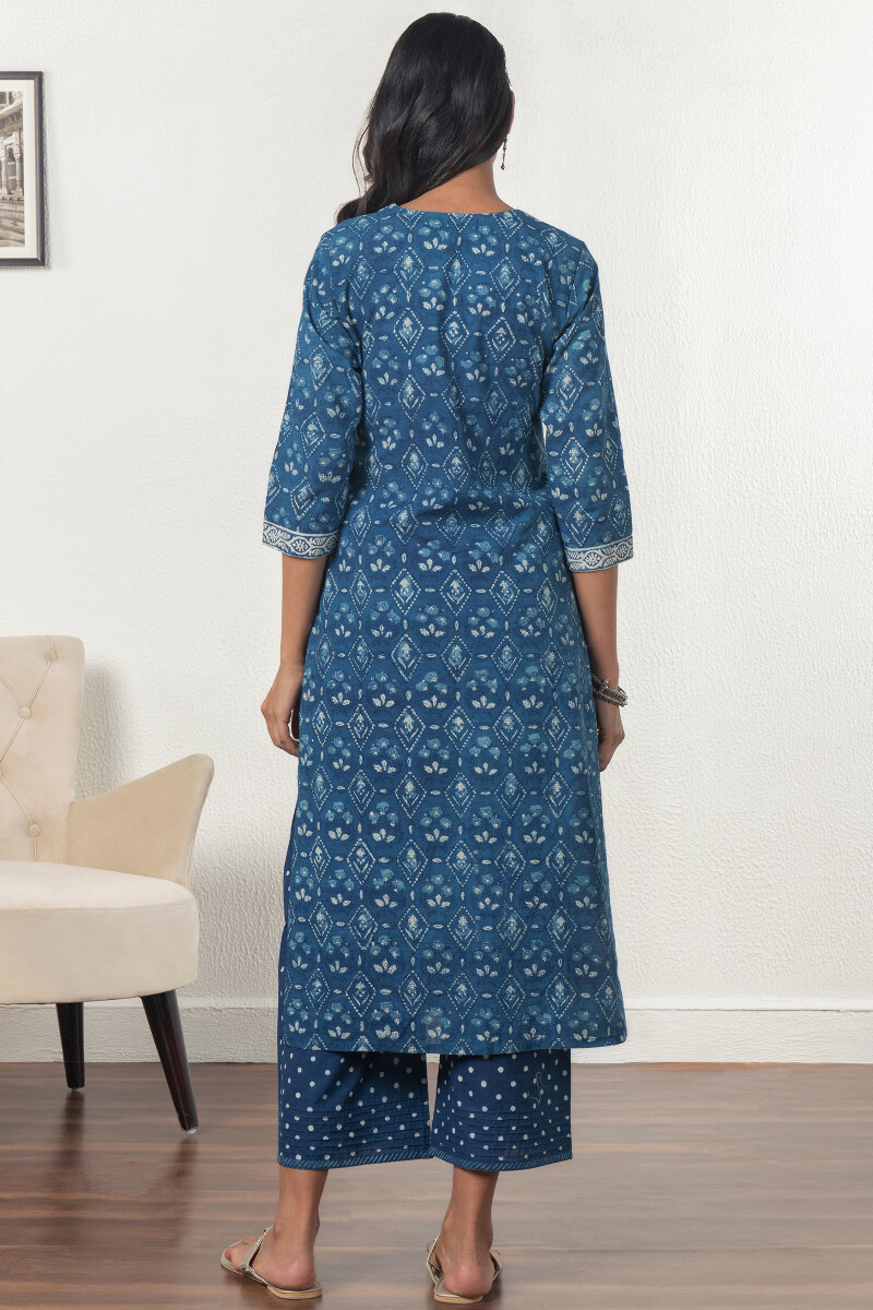 Indigo Block Printed Straight Cotton Kurta