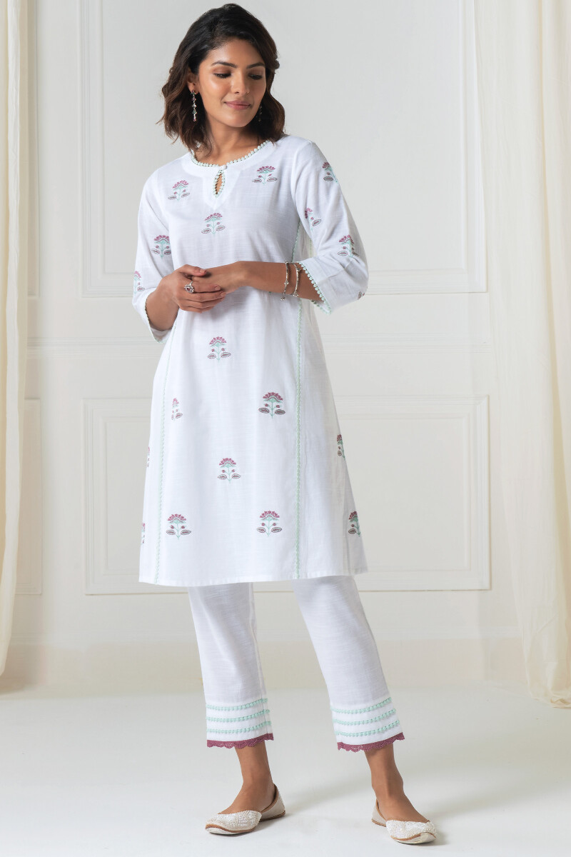 White Handcrafted A-Line Cotton Kurta