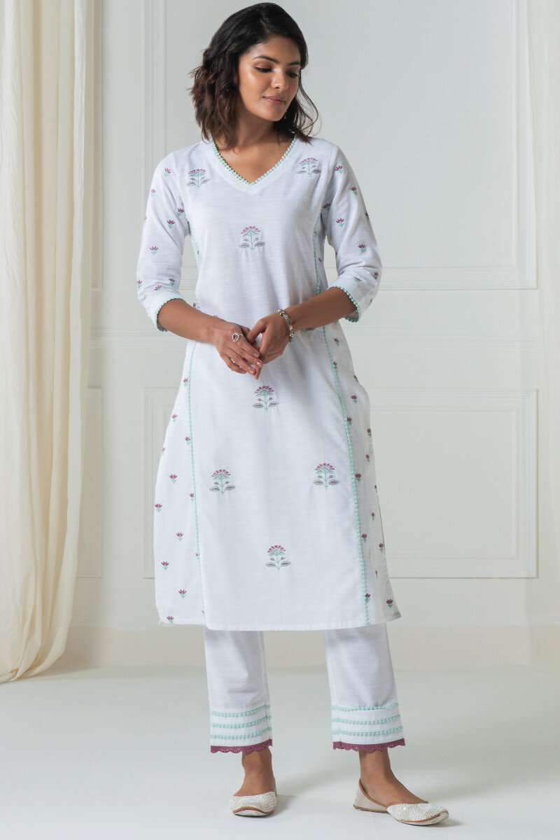 White Handcrafted Straight Cotton Kurta