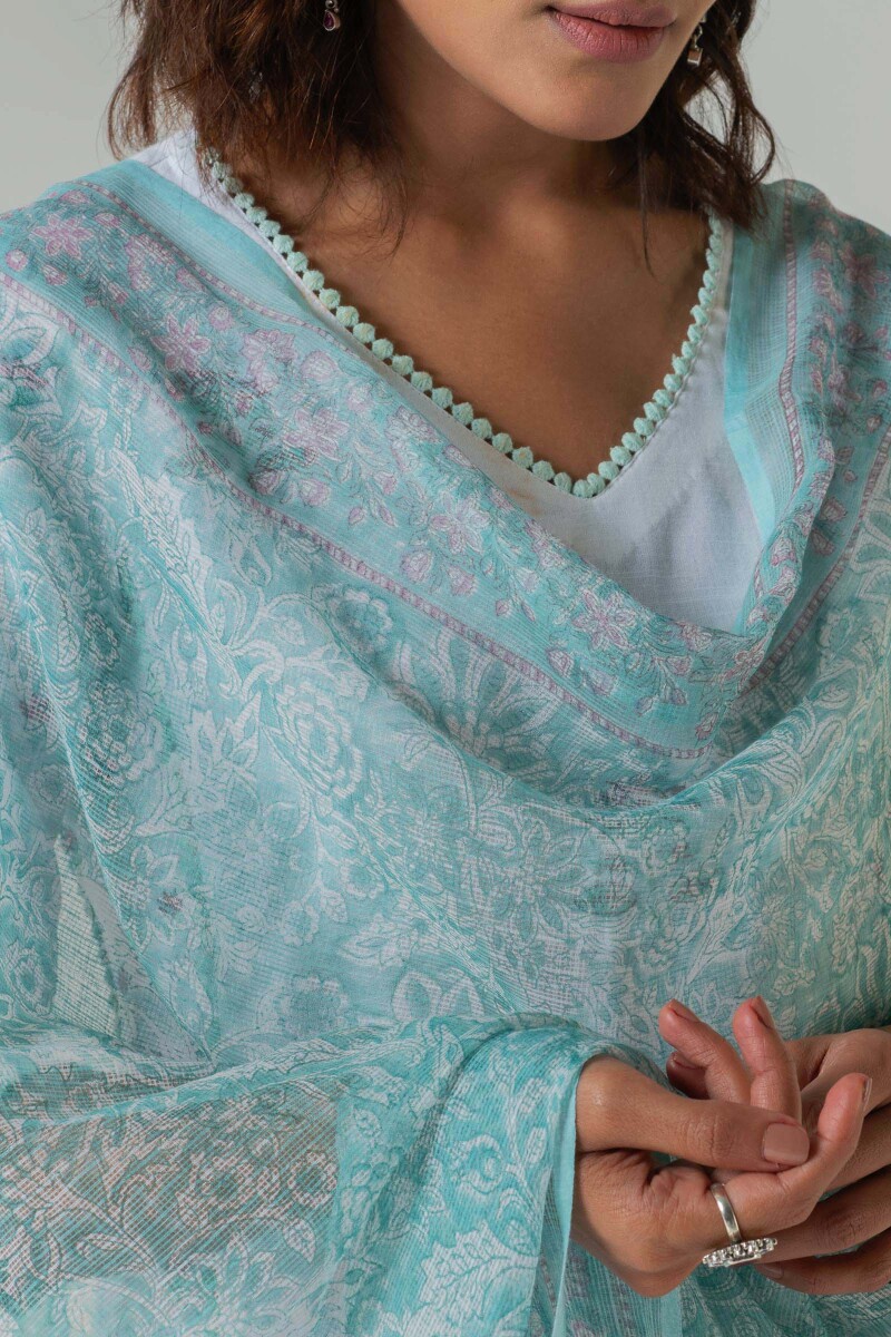 Turquoise Block Printed Kota Dupatta