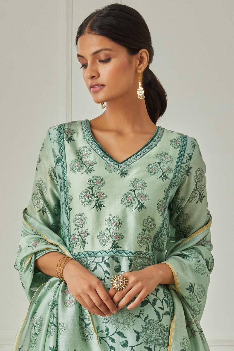 Green Block Printed Chanderi Dupatta