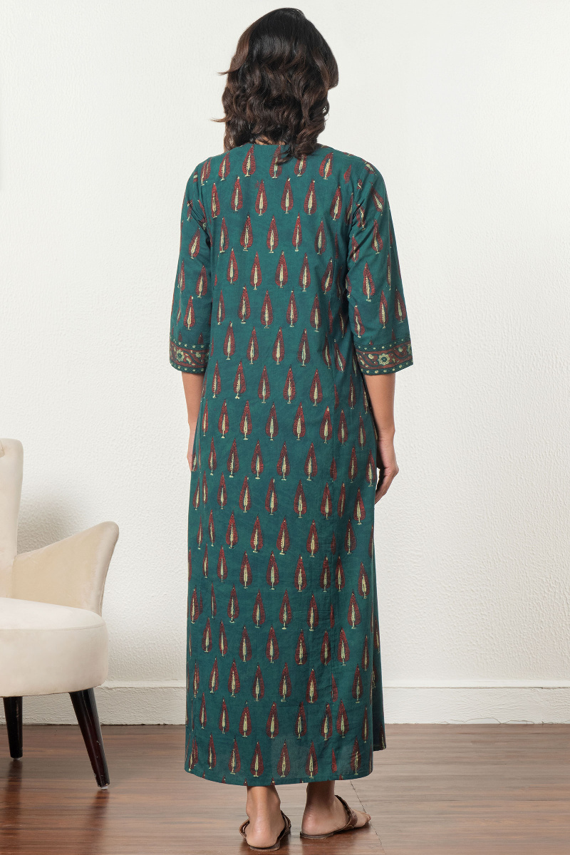 Green Block Printed Cotton Kaftan