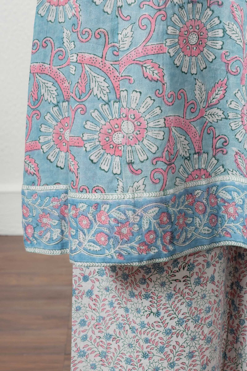 Blue Block Printed A-Line Cotton Kurta