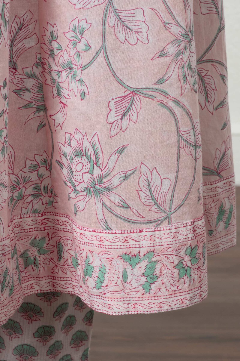 Pink Block Printed Anarkali Cotton Kurta