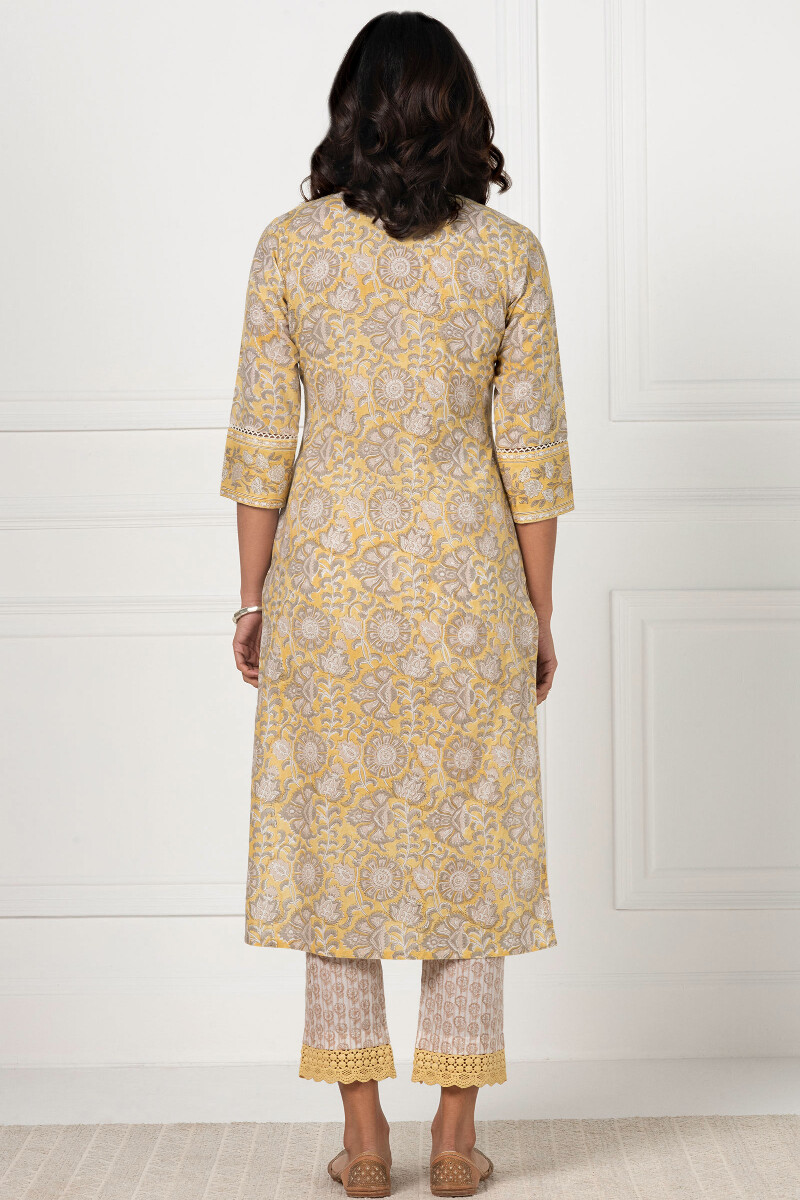 Yellow Block Printed Straight Cotton Kurta