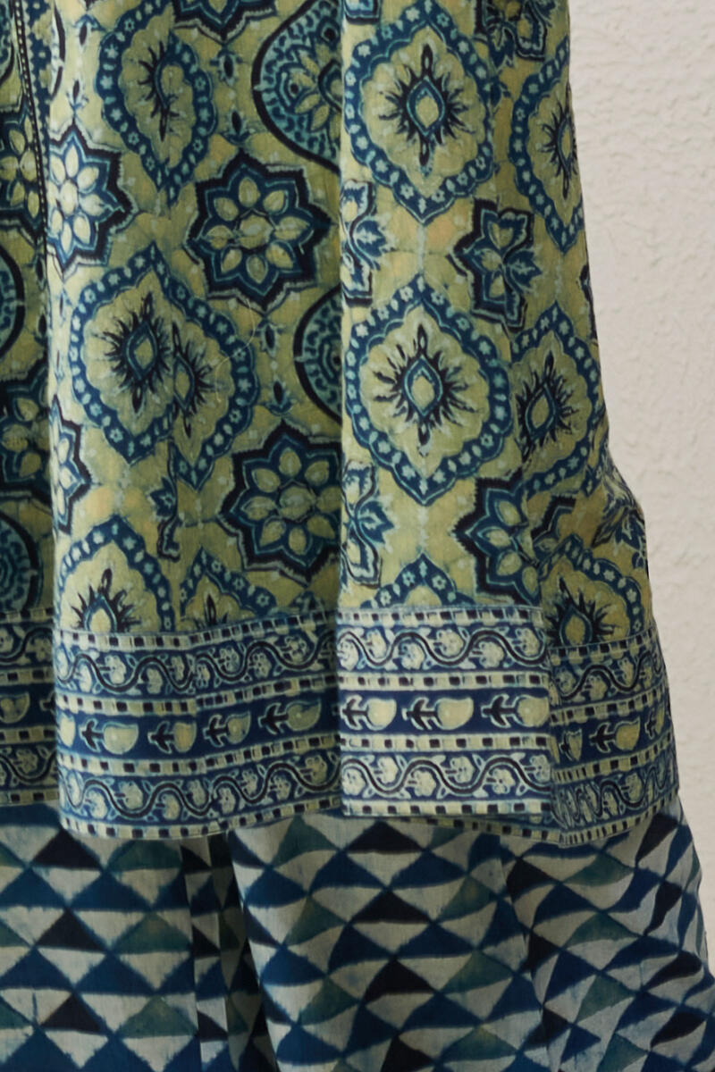 Green Block Printed A-Line Cotton Kurta