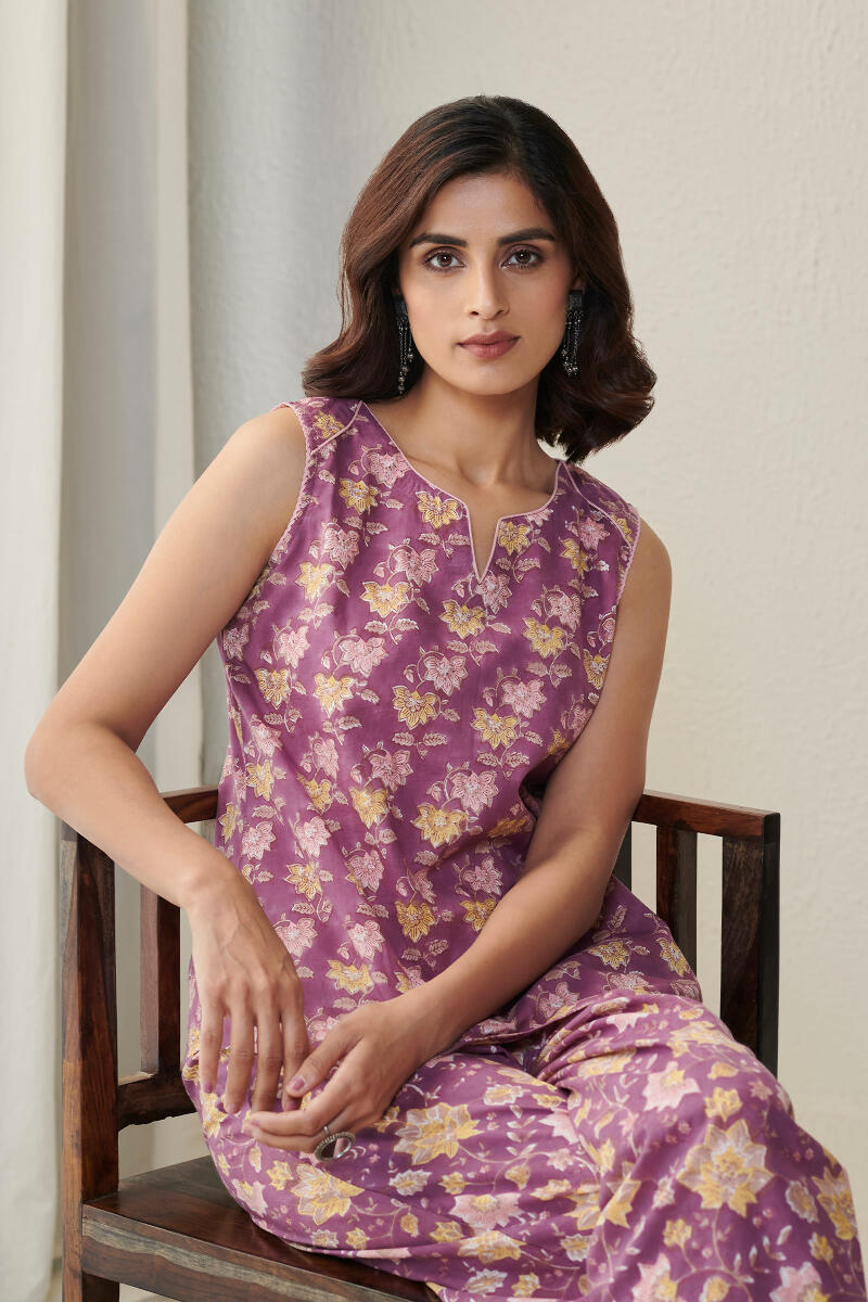 Purple Block Printed Cotton Loungewear Set