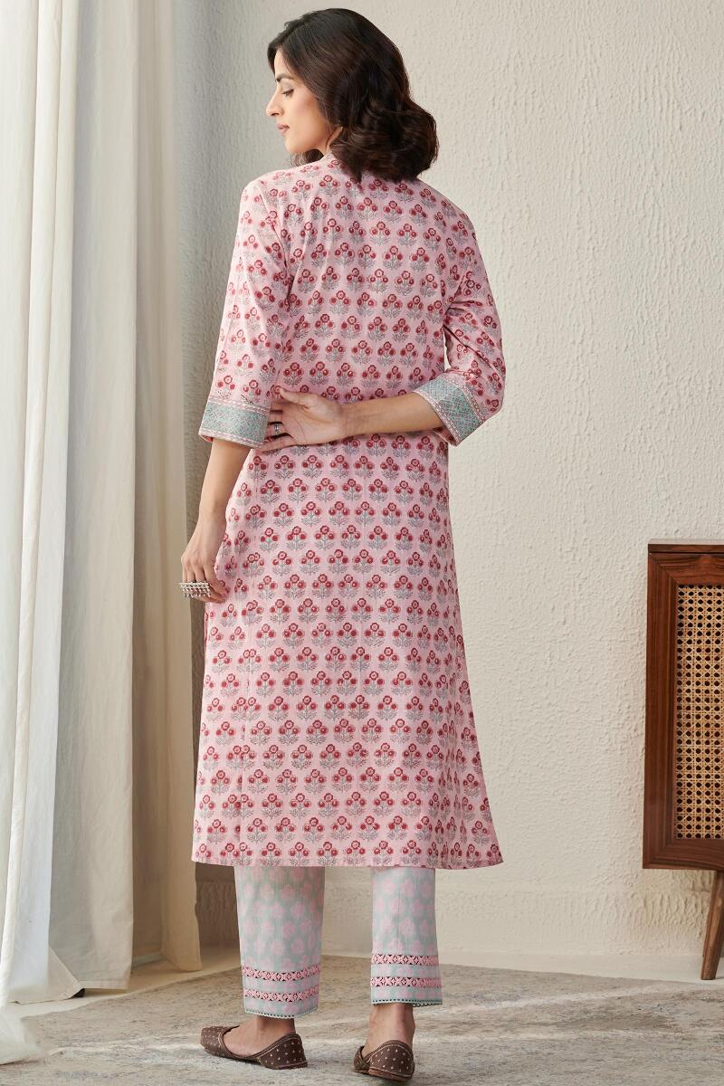 Pink Block Printed Straight Cotton Kurta