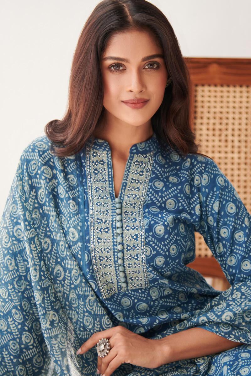 Indigo Block Printed Straight Cotton Kurta