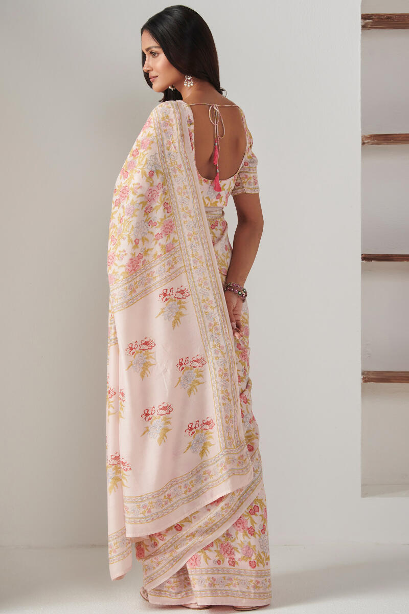 Pink Block Printed Modal Saree