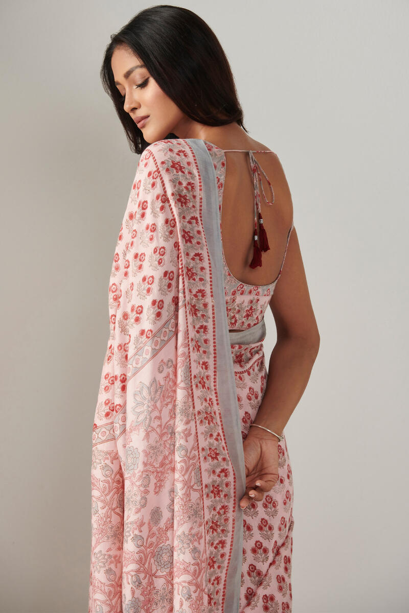 Pink Block Printed Modal Saree