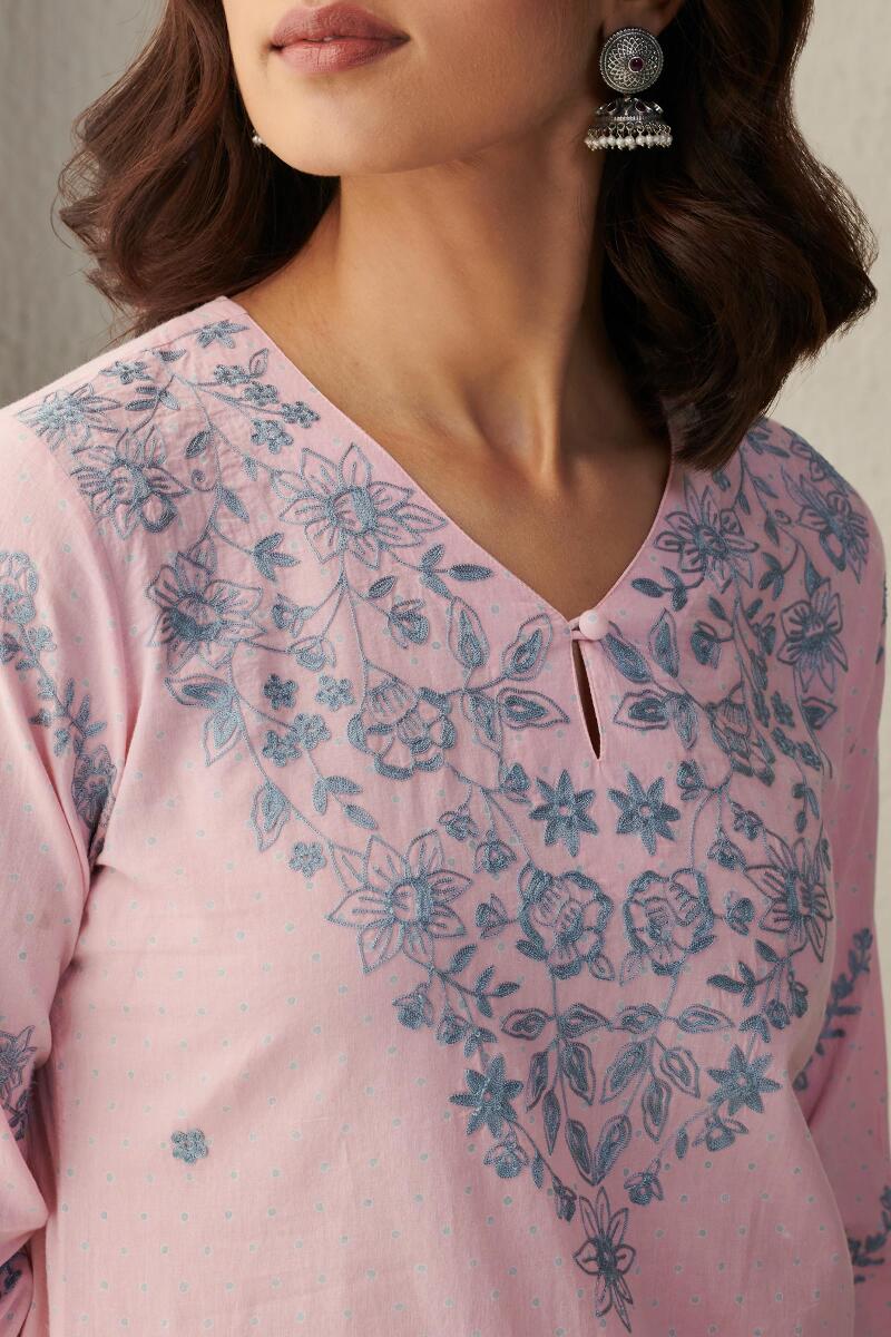 Pink Block Printed Straight Cotton Kurta