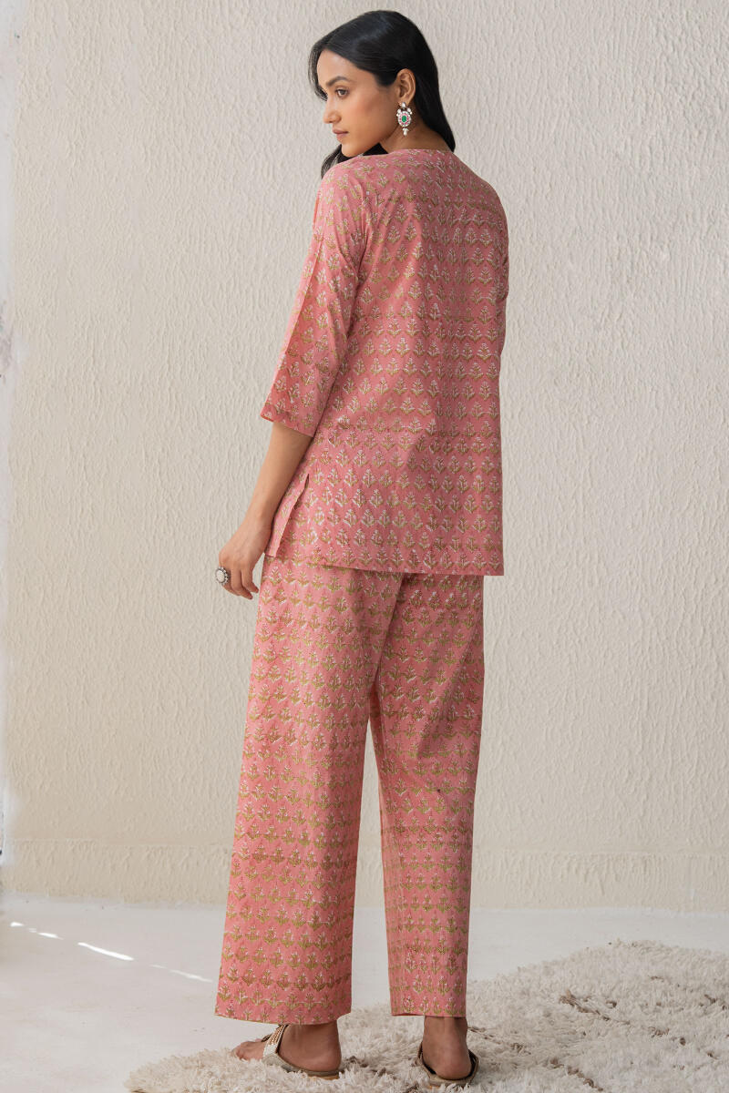 Pink Block Printed Cotton Loungewear Set