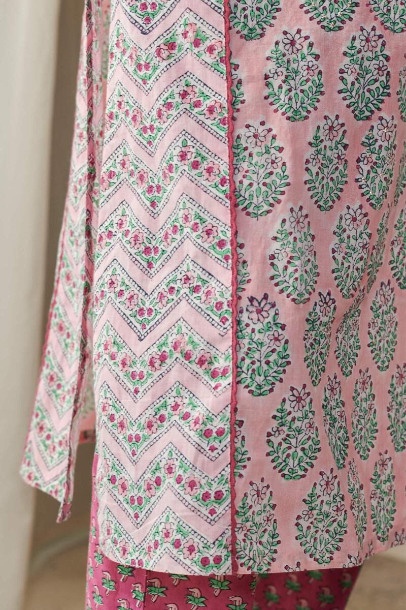 Pink Block Printed Straight Cotton Kurta