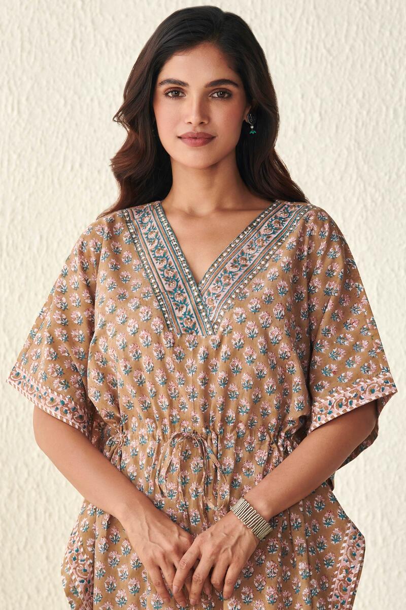 Brown Block Printed Cotton Kaftan