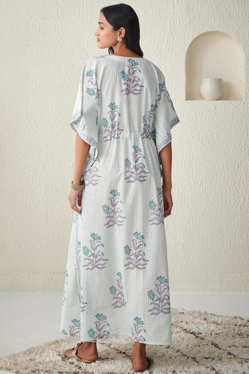 White Hand Block Printed Cotton Kaftan