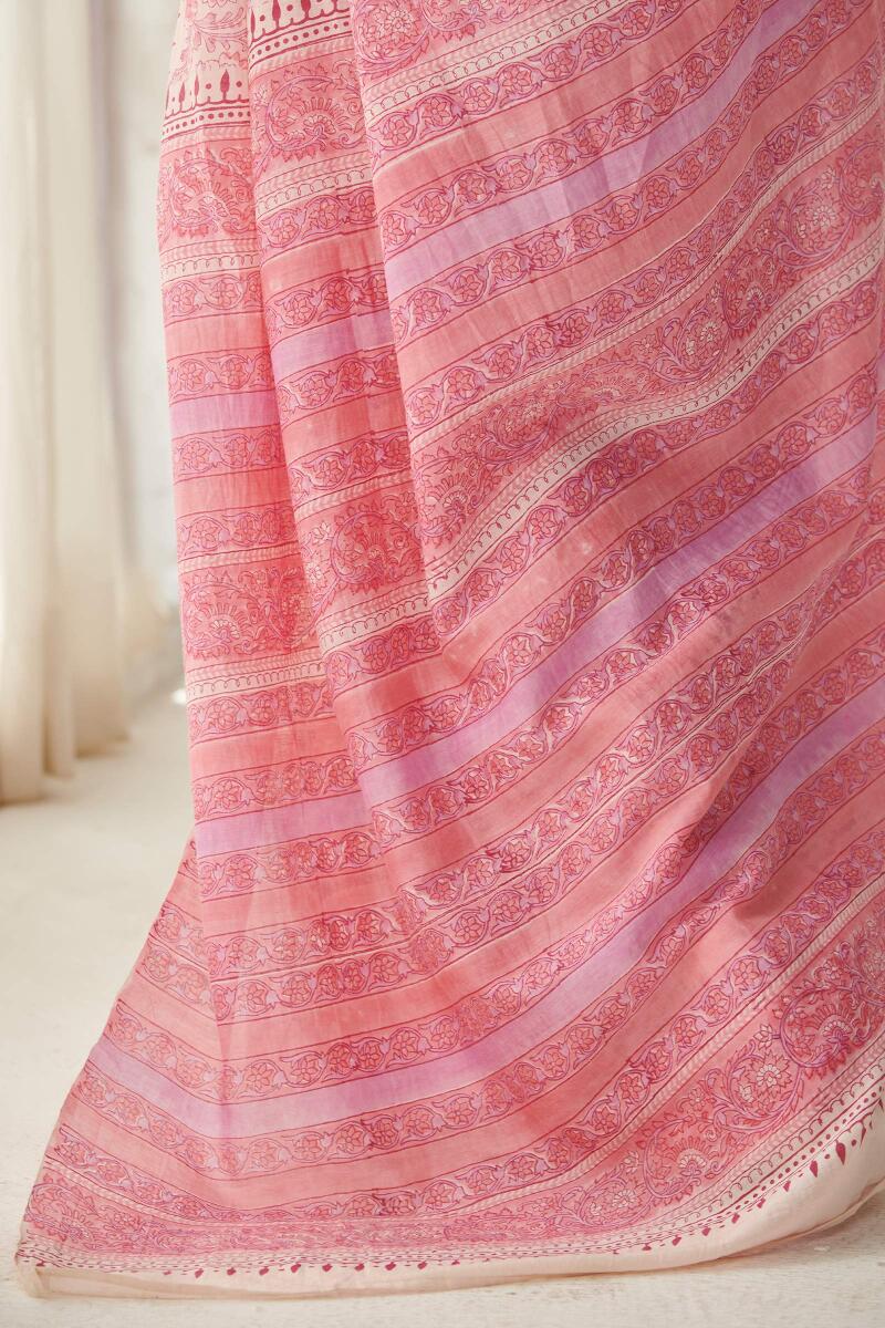 Pink Hand Block Printed Cotton Silk Saree