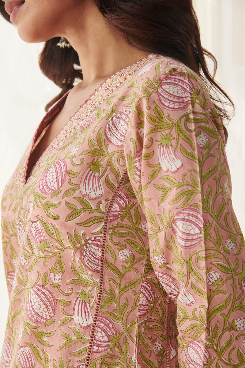 Pink Hand Block Printed Straight Cotton Kurta